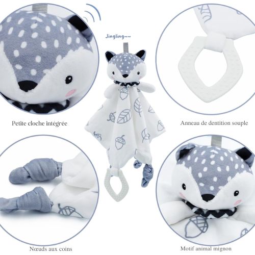 Doudou plat renard avec anneau de dentition